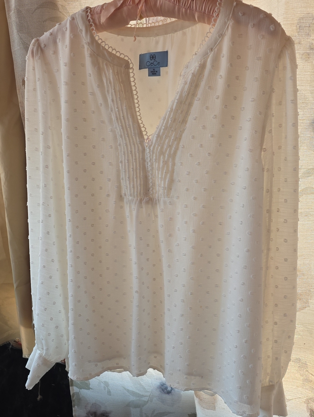 CeCe Cream Swiss Dot Pintuck V-Neck Blouse